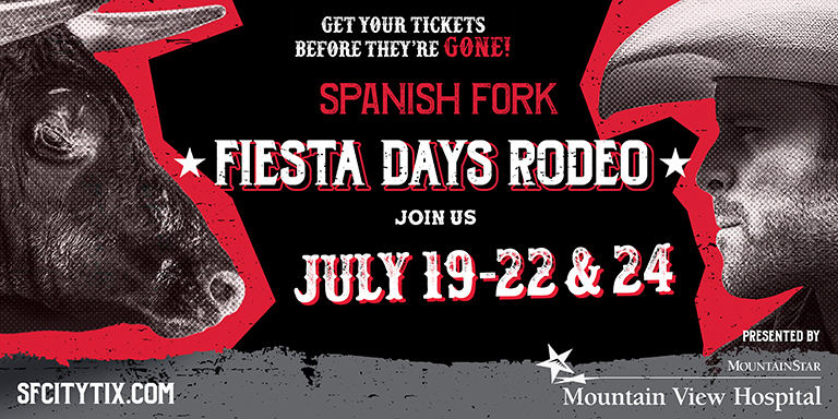 Profile of bull on left side and profile of cowboy on the right side with the following text: Spanish Fork Fiesta Days Rodeo. Join us.