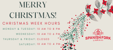 Merry Christmas! Christmas weeks hours: Monday & Tuesday: 10 am to 8 pm; Wednesday: 10 am to 6 pm; Thursday & Friday: Closed; Saturday: 10 am to 4 pm