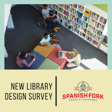 Kids sitting in a library with heading, "New library design survey"